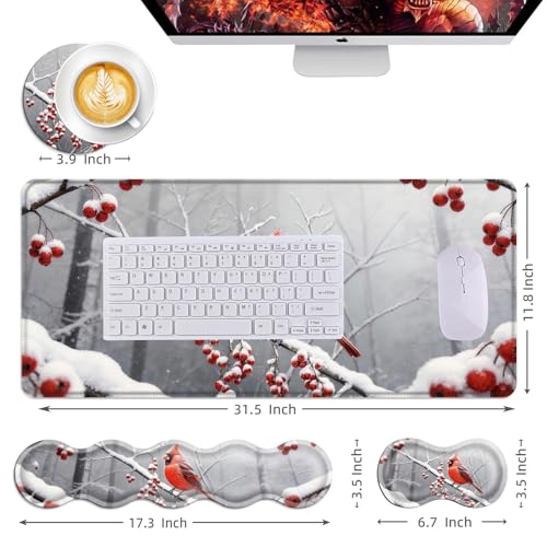 Mouse Pad,Large Desk Mat Set, 4in1 XL Mousepad + Keyboard Wrist Rest+Mouse Wrist Rest+Coaster with Ergonomic Desk Pad for Home Office Table Computer Cover -Cardinal in Snow - color: Cardinal in Snow