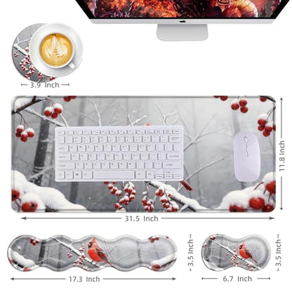 Mouse Pad,Large Desk Mat Set, 4in1 XL Mousepad + Keyboard Wrist Rest+Mouse Wrist Rest+Coaster with Ergonomic Desk Pad for Home Office Table Computer Cover -Cardinal in Snow - color: Cardinal in Snow