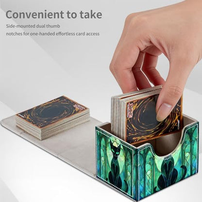 Stained Glass Cat for MTG Deck Box, 100+ Double Sleeved Card Storage Case, PU Leather Commander Deck Case for TCG Magic Yugioh, Magnetic Closure - color: Stained Glass Cat