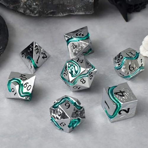 RULE DICE Metal DND Dice Set for Dungeons and Dragons - Polyhedral D&D Dice Set with Green Serpent Design - Balanced D&D Dice for RPGs, TTRPGs - Heavy Duty Zinc Alloy Construction 7 Dice Set - color: Ld-silver Black