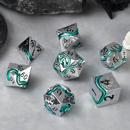 RULE DICE Metal DND Dice Set for Dungeons and Dragons - Polyhedral D&D Dice Set with Green Serpent Design - Balanced D&D Dice for RPGs, TTRPGs - Heavy Duty Zinc Alloy Construction 7 Dice Set - color: Ld-silver Black
