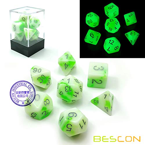 Bescon Glowing Polyhedral RPG Dice Set Luminous Jade, Bescon Glow in Dark Poly Dice Set of 7, DND Role Playing Game Dice - color: Luminous Jade