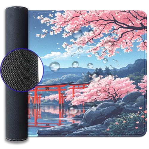 Cherry Blossom Large Mouse Pad Desk Pad, 27.5x11.8in Mount Fuji Keyboard Mouse Mat with Stitched Edges, Waterproof Non-Slip Rubber Base for Office Laptop Computer Home - color: Mount Fuji Cherry Blossom Moon