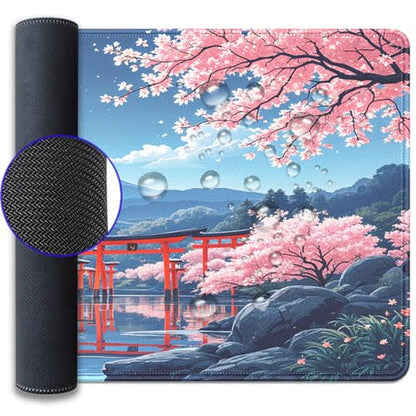 Cherry Blossom Large Mouse Pad Desk Pad, 27.5x11.8in Mount Fuji Keyboard Mouse Mat with Stitched Edges, Waterproof Non-Slip Rubber Base for Office Laptop Computer Home - color: Mount Fuji Cherry Blossom Moon