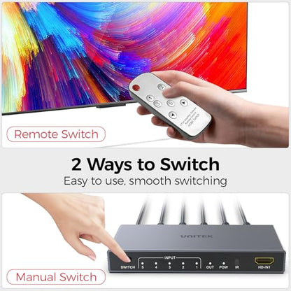 Unitek HDMI Switcher 5 Computers 1 Monitor with Remote Power Adapter | 4K HDMI Selector Switch Compatible with PC PS5 PS4 Xbox DVD Player Fire Stick TV Office Entertainment Home Theater - style: HDMI