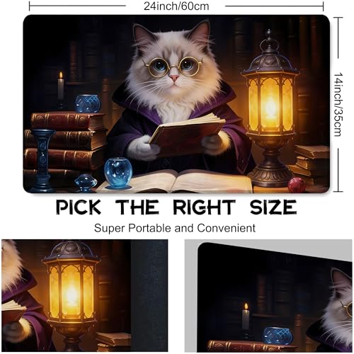 Playmat for MTG Cat Magic Play Mat 24x14 Inch Card Game Mat for Magic The Gathering TCG PTCG Playmat with Free Storage Bags Non-Slip Backing and Stitched Edge - color: Cat No With Zones