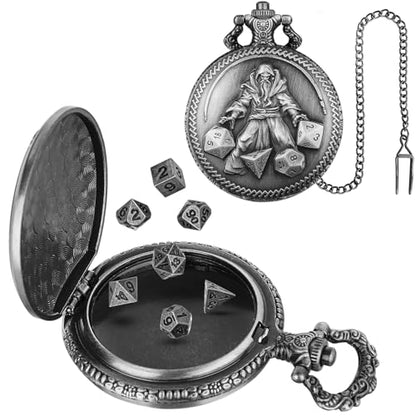 Mini DND Dice Set, Hand Held Dice Wizard Pocket Watch Shell Case, 7 Piece Polyhedral Metal D&D Dice Set, DND Gifts with Gift Box, Role Playing Board Game Accessories, Dark Silver - color: Dark Silver