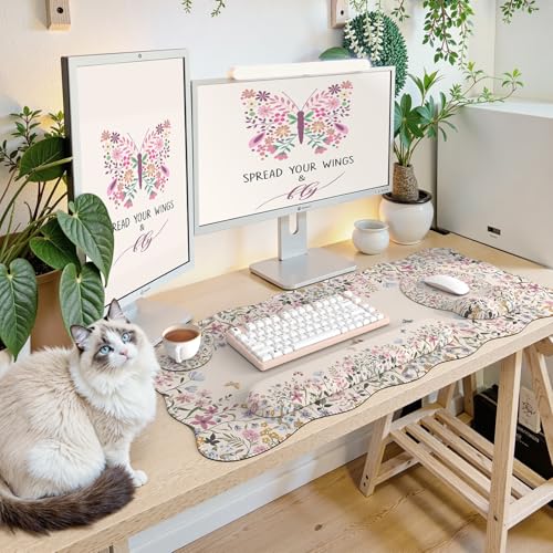 iCasso Desk Mat Set,Large Mouse Pad with Wrist Rest,Ergonomic Keyboard Wrist Support for Women,Girly Floral Computer Mat with Scalloped Edges,Non-Slip Desk Pad Home Office Gaming (Beige) - color: Beige