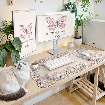 iCasso Desk Mat Set,Large Mouse Pad with Wrist Rest,Ergonomic Keyboard Wrist Support for Women,Girly Floral Computer Mat with Scalloped Edges,Non-Slip Desk Pad Home Office Gaming (Beige) - color: Beige