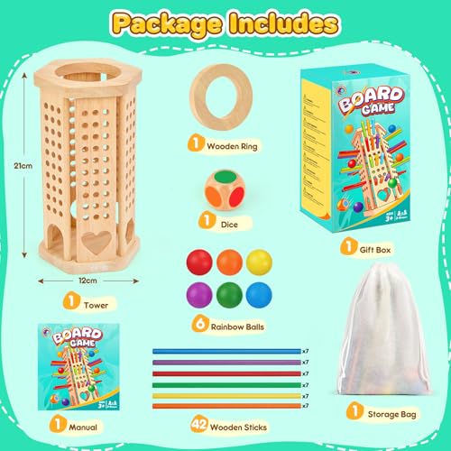 Montessori Wooden Board Game, 42-Stick Dice Game, Math Puzzle Toy for Kids 3 4 5 6 Years Old, Develops Fine Motor Skills and Counting, Perfect for Family Nights, Gift for Boys and Girls