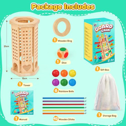 Montessori Wooden Board Game, 42-Stick Dice Game, Math Puzzle Toy for Kids 3 4 5 6 Years Old, Develops Fine Motor Skills and Counting, Perfect for Family Nights, Gift for Boys and Girls
