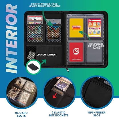 EVORETRO 4 Pocket Top Loader Binder for Pokémon, MTG, Lorcana & Sports Cards – Small Toploader Binder Fits 2x2 Toploaders 35pt–55pt, 96 Slots with 2 PSA Slab Pockets - style: Without Window