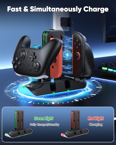 Switch 2/1/OLED Controller Charger, 6 in 1 Charging Dock Station for Joy Cons & for Pro Controller, Charging Stand USB Charging Indicator and USB Cable- Widely Compatibility