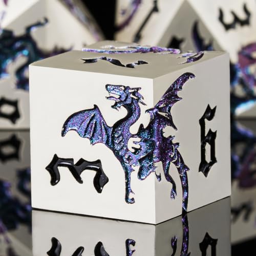 Metal D&D Dragon Dice Set,Metallic DND Polyhedral Dice for Dungeons and Dragons RPG TTRPG D&D 7-Die Set with Gift Case Pearl Silver Illusion to Blue Green Purple - color: Dragon-pearl Silver Illusion to Blue Green Purple