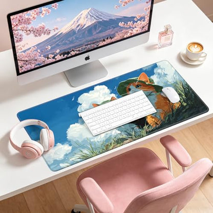 Large Gaming Mouse Pad, XL Desk Protector, Non-Slip Base | 31.5x15.7 in Extended Desk Mat with Stitched Edges for Keyboard, Work, Game, Office, Home PC and Laptop - color: Hat Cats