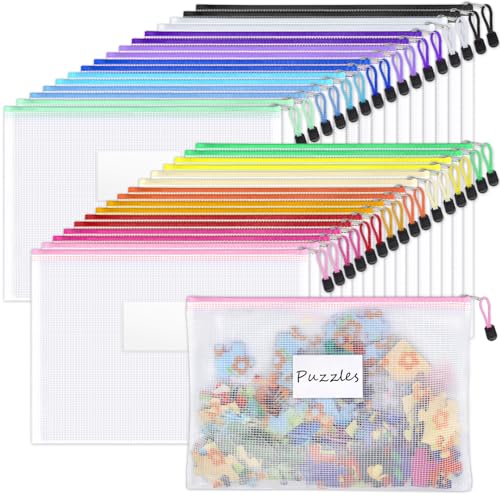 Sooez 32 Pack Mesh Zipper Pouch Bags, A4 Letter Size, Classroom Zipper Bags | Waterproof Bag Organizer with Label Pocket, School Office Teacher Student Supplies, Storage Pouches Board Game Toy Storage - style: 32 Pack