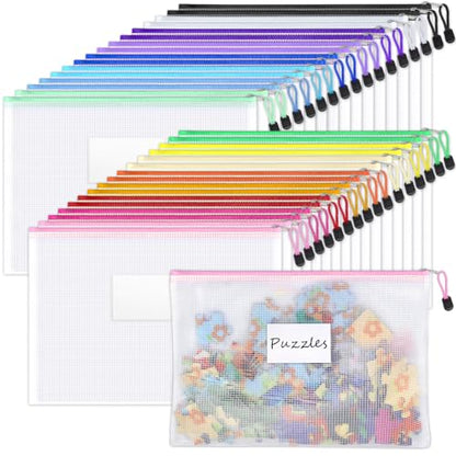 Sooez 32 Pack Mesh Zipper Pouch Bags, A4 Letter Size, Classroom Zipper Bags | Waterproof Bag Organizer with Label Pocket, School Office Teacher Student Supplies, Storage Pouches Board Game Toy Storage - style: 32 Pack
