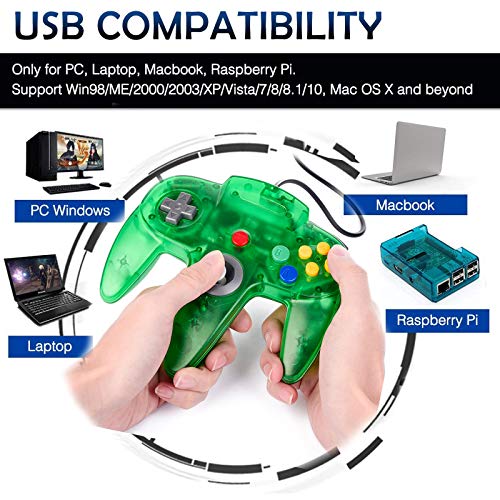2 Pack Classic N64 Controller, Wired USB PC Game Pad Joystick, Bit USB Wired Game Stick Joy Pad Controller for Windows PC, MAC, Linux, Raspberry Pi 3, Sega Genesis (Clear Green/Clear Red) - color: Clear Green/Clear Red