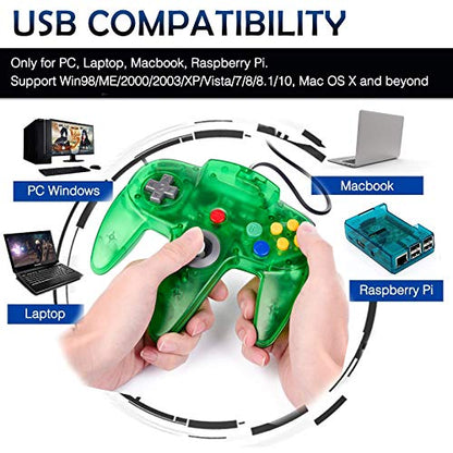 2 Pack Classic N64 Controller, Wired USB PC Game Pad Joystick, Bit USB Wired Game Stick Joy Pad Controller for Windows PC, MAC, Linux, Raspberry Pi 3, Sega Genesis (Clear Green/Clear Red) - color: Clear Green/Clear Red
