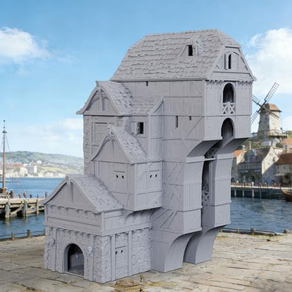 AUSPDICE DND Terrain 28mm 도크 빌딩, 도색되지 않은 다층 TTRPG 풍경 | 1:56 스케일 18피스 수직 포트 빌딩, 탈착식 바닥과 던전 앤 드래곤을 위한 디테일한 내부 - AF1154H - color: Af1154h Dock Buildings H