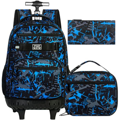 3Pcs Rolling Backpack for Boys Men, Travel Roller Backpacks with Wheels for Adults, Teens College Graffiti Wheeled Bookbag with Lunch Box(Blue) - color: Airbrush Blue