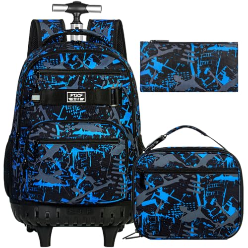 3Pcs Rolling Backpack for Boys Men, Travel Roller Backpacks with Wheels for Adults, Teens College Graffiti Wheeled Bookbag with Lunch Box(Blue) - color: Airbrush Blue