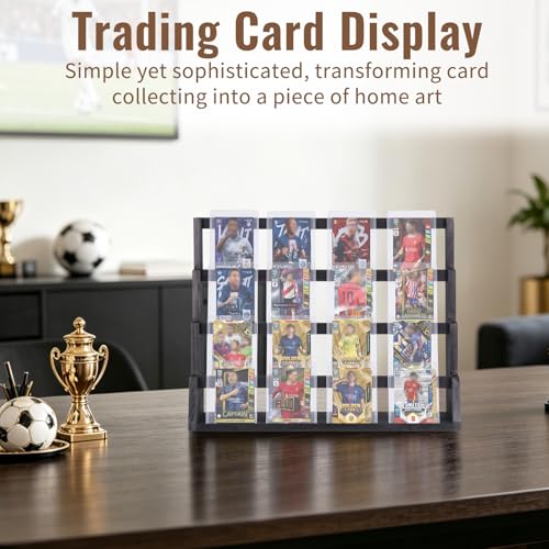 4-Tier Wooden Trading Card Display Stand, 15.3"x6.3"x12.6" Large Capacity Display Case with Deep Slots, Black Finished Wood Card Holder for Card Collection, Game Cards & Memorabilia