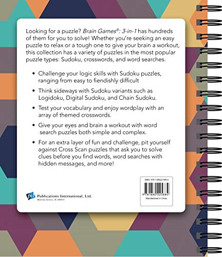 Brain Games - 3-In-1 Puzzle Book: Word Search, Crosswords & Sudoku | 256 Pages, Spiral Bound | Large Variety Activity Book for Adults, Seniors, Teens
