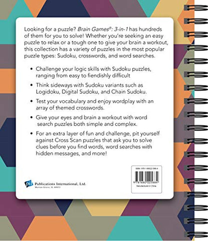 Brain Games - 3-In-1 Puzzle Book: Word Search, Crosswords & Sudoku | 256 Pages, Spiral Bound | Large Variety Activity Book for Adults, Seniors, Teens