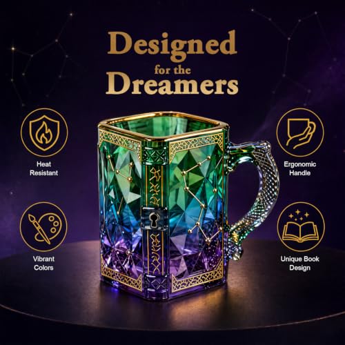 FACE N FACE Zodiac Glass Mug, 8 oz Celestial Constellation Coffee & Tea Cup with Dragon Scale Handle, Green Purple Astrology Mug, Witchy Magic Cup for Halloween Christmas Gift - color: Zodiac Glass Mug