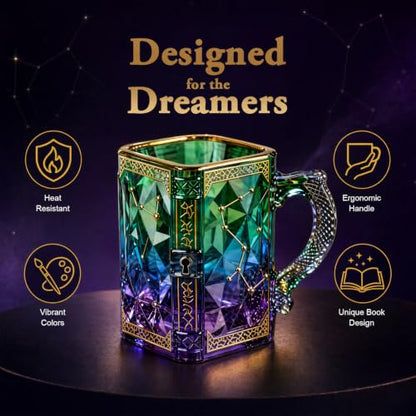 FACE N FACE Zodiac Glass Mug, 8 oz Celestial Constellation Coffee & Tea Cup with Dragon Scale Handle, Green Purple Astrology Mug, Witchy Magic Cup for Halloween Christmas Gift - color: Zodiac Glass Mug