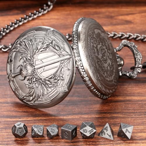 Mini DND Dice Set with Steampunk Paladin Pocket Watch Shell Case, DND Starter Set, 7pcs Polyhedral Mini Metal Dice Set, D&D Gifts with Gift Box, Role Playing Board Game Accessories, Silver - color: Dark Silver + Gift Box