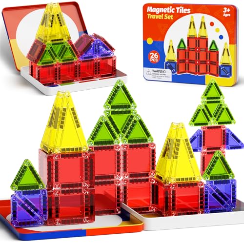 Magnetic Tiles Travel Toys with Storage Case, Portable STEM Building Blocks for 3-8 Year Olds, Toddler Airplane Activities & On-The-Go Birthday Gift for Boys & Girls - style: Magnetic Tiles Travel Construction Set - 26PCS