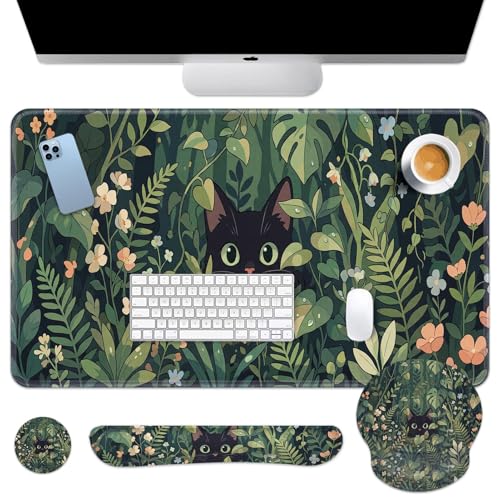 Britimes Green Plants Keyboard Mouse Pad Set Cute Black Cat 4in1 Large Mousepad+Keyboard Wrist Rest+Mouse Wrist Rest+Coaster Ergonomic Design for Home Office Computer 35.4x15.7 inches - color: Cat in the Grass