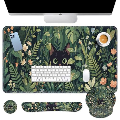 Britimes Green Plants Keyboard Mouse Pad Set Cute Black Cat 4in1 Large Mousepad+Keyboard Wrist Rest+Mouse Wrist Rest+Coaster Ergonomic Design for Home Office Computer 35.4x15.7 inches - color: Cat in the Grass