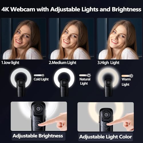 4K Webcam with Light, Web Camera with Microphone, Plug and Play, USB HD Computer Web Cam, Auto-Focus, 73°FOV PC Camera for Zoom Skype Teams, Desktop, Black