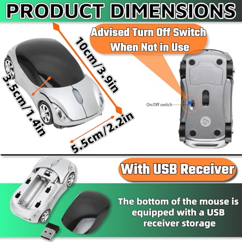 Silver Car Mouse，Computer Mice 2.4G 1600DPI with USB Reciver for Computer Wireless Computer Mouse Wireless Cute Wireless Mouse for Laptop Tablet for Windows Mac OS（Silver） - color: SILVER