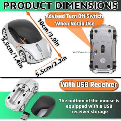 Silver Car Mouse，Computer Mice 2.4G 1600DPI with USB Reciver for Computer Wireless Computer Mouse Wireless Cute Wireless Mouse for Laptop Tablet for Windows Mac OS（Silver） - color: SILVER