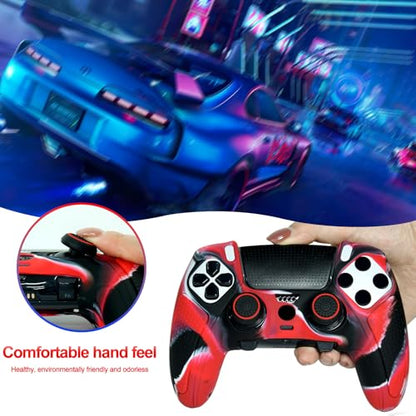 Red Black Anti-Slip Controller Skin,Studded Edition Protective Silicone Cover Skin Grips Compatible with ps5 dualsense EDG and 6 PCS Thumb Grips Caps. - color: Red Black