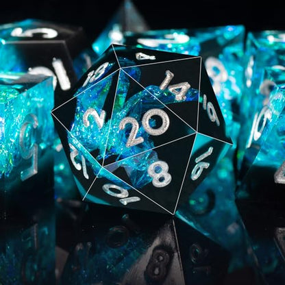AUSTOR 7-Die DND Dice Set Handmade Sharp Edge Polyhedral Dice for Dungeons and Dragons D&D RPG MTG Table Games（Black&Blue,Silver） - color: Black&blue,silver
