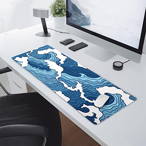 Japanese Blue and White Wave Gaming Mouse Pad XL Anime Sea Texture Extended Large Desk Mat Big Mousepad Non-Slip Rubber Base Stitched Edge Long Desk Pad for Desktop PC Computer Gamer,31.5×11.8 Inch - color: Blue Wave, size: 31.5 x 11.8 inches
