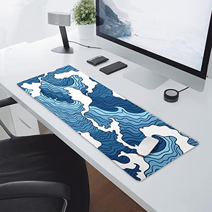 Japanese Blue and White Wave Gaming Mouse Pad XL Anime Sea Texture Extended Large Desk Mat Big Mousepad Non-Slip Rubber Base Stitched Edge Long Desk Pad for Desktop PC Computer Gamer,31.5×11.8 Inch - color: Blue Wave, size: 31.5 x 11.8 inches