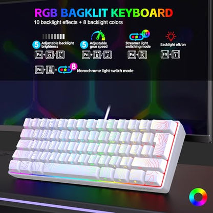 Snpurdiri 60% Wired Gaming Keyboard, 61 Keys RGB Backlit Ultra-Compact Contour Line Small Gaming Keyboard, for PC/Mac Gamer, Typist, Travel, Easy to Carry on Business Trip (White) - color: White(Contour-line)