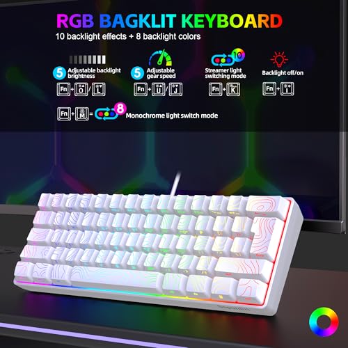 Snpurdiri 60% Wired Gaming Keyboard, 61 Keys RGB Backlit Ultra-Compact Contour Line Small Gaming Keyboard, for PC/Mac Gamer, Typist, Travel, Easy to Carry on Business Trip (White) - color: White(Contour-line)