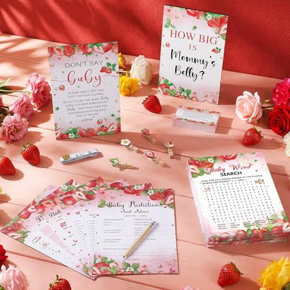 Funnymoom 426 Pcs Strawberry Baby Shower Games Set-8 Games Includes Baby Shower Bingo Price is Right Guess Who Word Scramble Prediction and Advice How Big is Mommy's Belly Don't Say the Words - color: Red, style: Strawberry