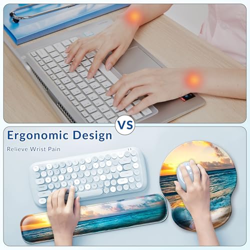 Desk Mat Set Keyboard and Mouse Pad with Wrist Rest Support | Ergonomic,Pain Relief, 4-in-1 Large Big Mousepad Computer Mats,Desk Pad Matt Mats for Desktop Home & Office - color: J-Sunset Sea
