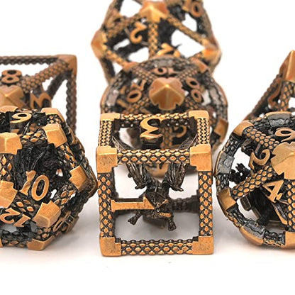 Hollow DND Dice Set, Metal Dice 7-Piece RPG Gaming Dice for D and D Pathfinder, MTG and Other Tabletop Role-Playing Games (Gold and 3D Dragon) - color: 3d Dragon Gold