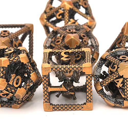 Hollow DND Dice Set, Metal Dice 7-Piece RPG Gaming Dice for D and D Pathfinder, MTG and Other Tabletop Role-Playing Games (Gold and 3D Dragon) - color: 3d Dragon Gold