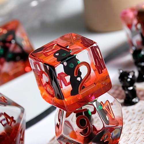 Black Cat Gaming Dice Set D&D, DNDND 7PCS Resin DND Dice with Velvet Bag for Dungeons and Dragons Role Playing Games and Tabletop Games（Black Cat - color: Cat-black