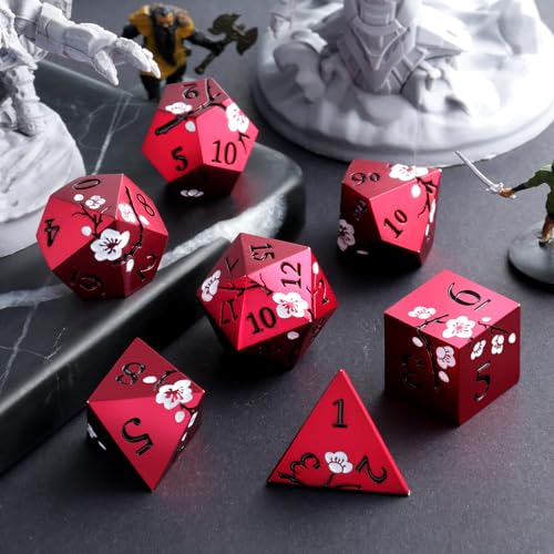 Matt Red DND Metal Dice, DNDND 7 PCS Heavy Metallic D&D Dice Set with Gorgeous Gift Case for Dungeons and Dragon Tabletop Game (Matte Red with White Flower) - color: Flower Red